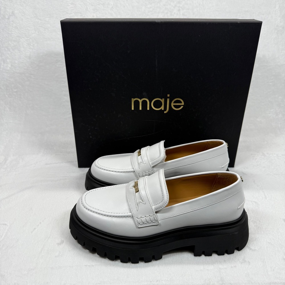 Maje Loafers White Leather Platform Lug Sole Medallion Detail Size 39